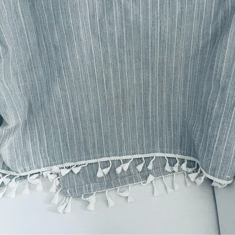 Boho Fringe tassel woven Gray and white stripes Tablecloth or throw blanket